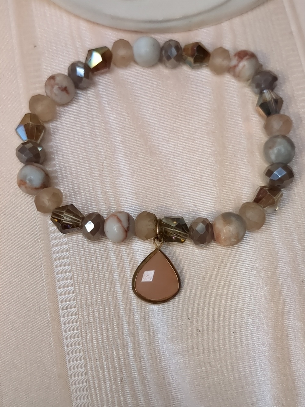3/$15 Boho Natural Stone Bracelet W/ Dangle Charm Peach Silver Grey Neutrals